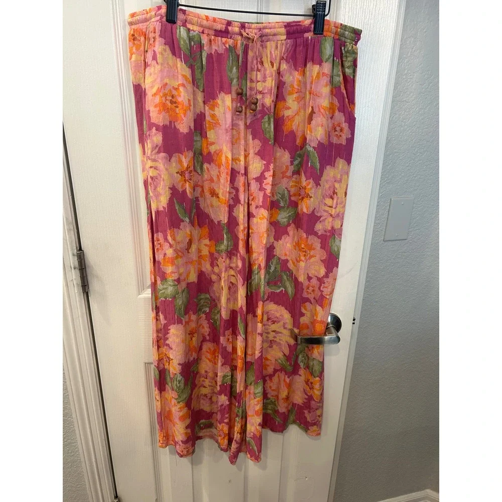 Rachel‎ Roy Wide Leg Pants Pink Orange Floral Drawstring Rayon Trousers XL